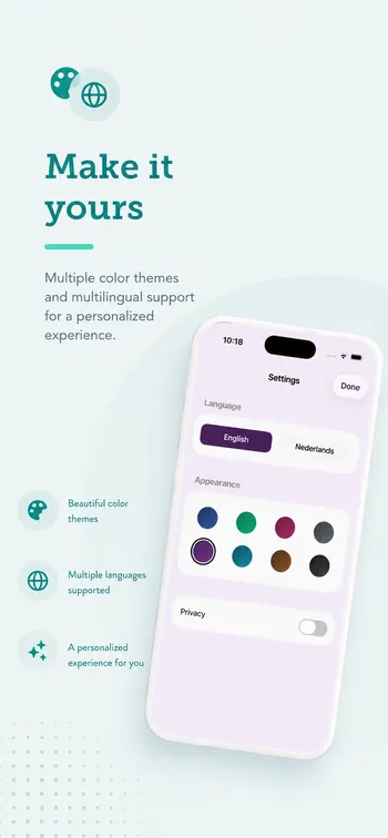 AriLing settings screen with a language switcher for English and Nederlands, and eight color theme swatches.