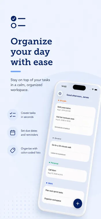 AriLing: To-Do List app showing today's task list grouped into Errands, General, Personal and Work, each in its own color.