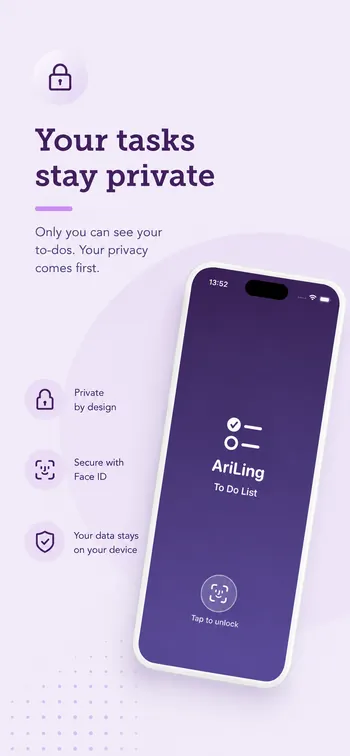 AriLing lock screen reading 'Tap to unlock' with a Face ID icon over a purple background.