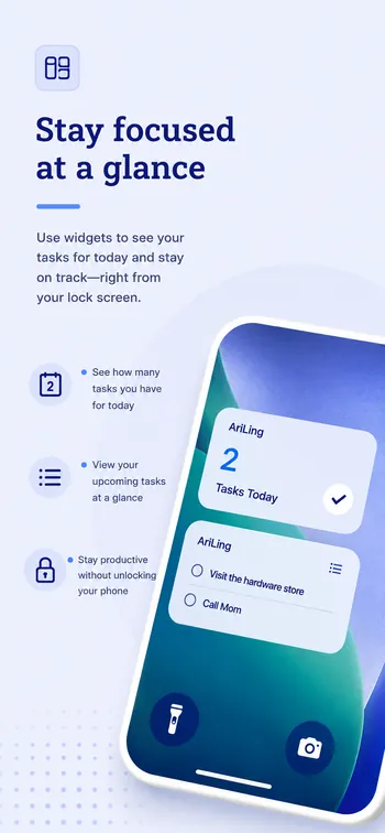 Two AriLing lock screen widgets: one showing '2 tasks today' and one listing 'Visit the hardware store' and 'Call Mom'.